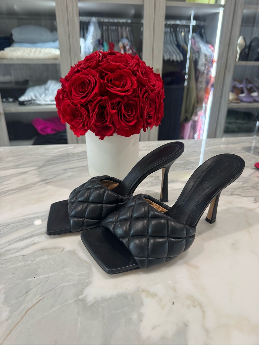 Bottega Veneta Black Quilted Leather High Heel Slides